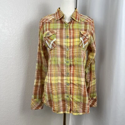 Roar Top Feminino Grande Xadrez Botão Para Cima Western Rústico Bling Cross Boho Rodeio - Imagem 1 de 4