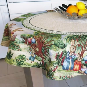 Round Easter Tablecloth Green Bunny Holiday Tapestry Table Cover Golden Threads - Picture 1 of 6