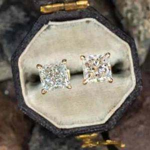 4Ct Princess Cut Lab Created Diamond Women Stud Earrings 14k Yellow Gold Plated - Picture 1 of 8