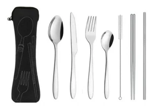 Juego de utensilios de viaje portátiles cubiertos reutilizables plateados con estuche - Imagen 1 de 3