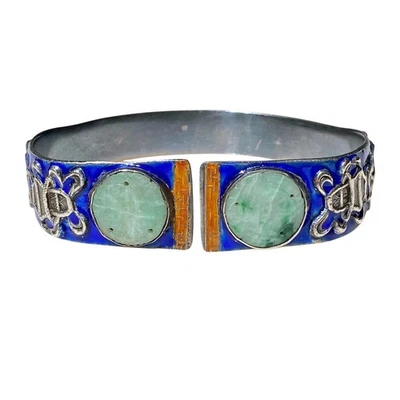 PULSERA ANTIGUA CHINA DE PLATA ESMALTADA CON INSERCIONES DE JADEÍTA VERDE TALLADA Foto 1 de 4