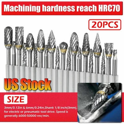 WFPOWER 20PCS Tungsten Carbide Rotary Drill Bits 1/8" Shank Burr Die Grinder Carving Set