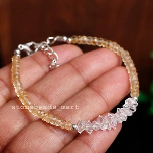925 Sterling Silver Citrine+White Herkimer Diamond Quartz Gemstone Bracelet 7" - Bild 1 von 8