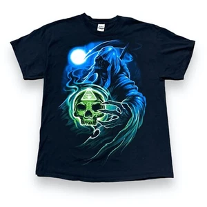 Y2K Skull Skeleton Grim Reaper Shirt XL Blue Green All Mighty - Foto 1 di 4