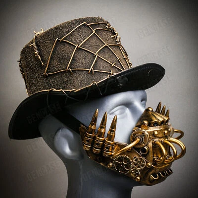 Burning Man Spider Web Top Hat w/ Gold Robot Mask Halloween Steampunk Costume - Image 1 of 4