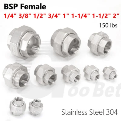 Stainless Steel Union 1/4" to 2" BSP Female / Female Threaded Pipe Fittings 304 - Image 1 of 4