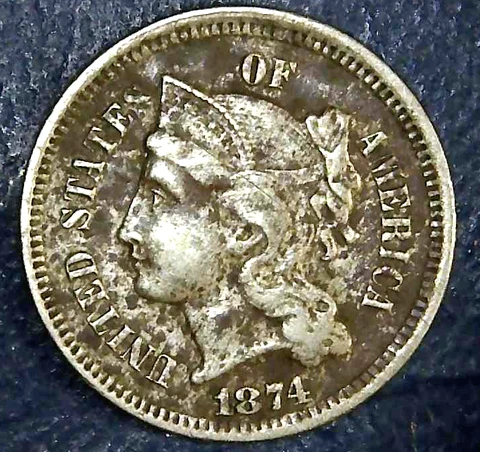 1874 US Nickel Three Cent Piece - Better Coin & Doubling       (PA67) Cover