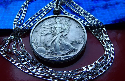 1940's High Grade Walking Liberty Half Dollar Pendant on a 22" .925 Silver Chain Cover