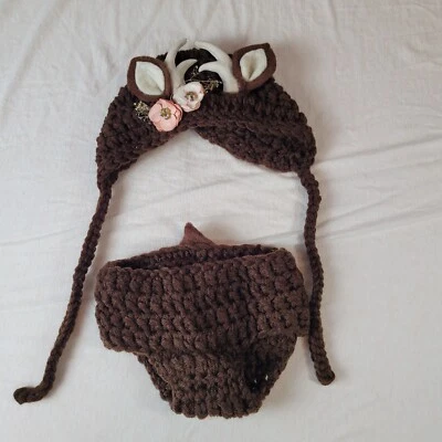Conjunto de ciervo recién nacido hecho a mano ganchillo tejido foto utilería disfraz astas bebé Foto 1 de 4