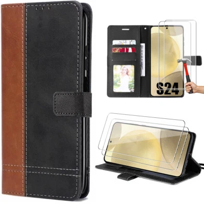 Coque pour Samsung Galaxy S24 Plus S23 FE S22 S21 Synthécuir + 2 Verres Trempés