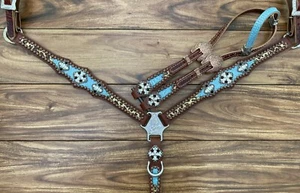 Western Brown Leather Headstall & Breast Collar with cheetah & Torquoise - Picture 1 of 1