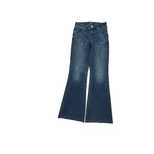 Express 70's Flare Mid Rise Raw Hem Women's size M 6 8 10 Dark Blue Denim Jeans - Picture 1 of 5