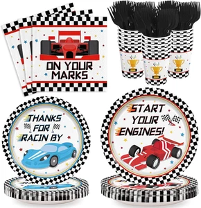 120Pcs Racing Car Party Plates Napkins Checked Race Car Birthday Supplies Boys K - Picture 1 of 12