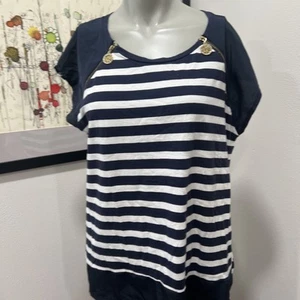Top donna Anne Klein a righe con zip XL maglia elasticizzata cotone blu navy/bianco S/S - Foto 1 di 7