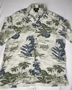 Mens Large ROUTE 66 Green Blue White Ocean Palm Landscape Hawaiian Shirt - Picture 1 of 7