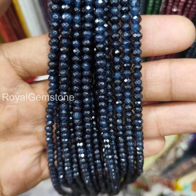 AAA 质量 925 银蓝色蓝宝石珠项链,刻面圆珠 4 毫米 — 第 1/2 张图片