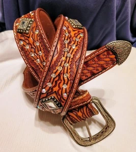 Cintura donna western in pelle taglia Med 33-36 strass lavorata Texas Country - Foto 1 di 6