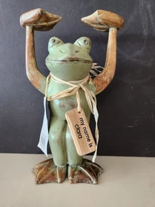 Boho Holz Volkskunst Distressed bemalt FROSCH Skulptur stehend Hand Ständer Vintage - Bild 1 von 8