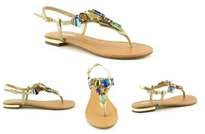 SEÑORAS MUJERES NUEVAS SANDALIAS PLANAS DIAMANTE CRISTAL GLADIADOR VERANO ZAPATOS TALLA - Imagen 1 de 8
