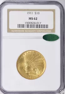 1911 $10 ORO TESTA INDIANA AQUILA NGC MS 62 CAC - Foto 1 di 4