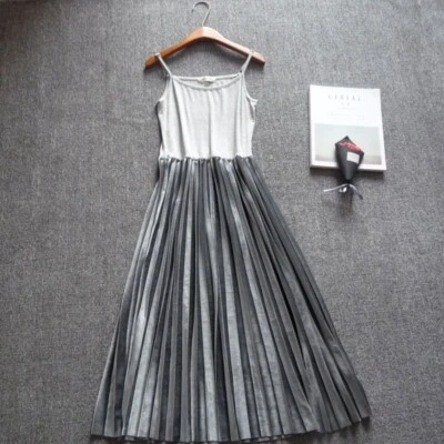 Long Pleated, Velvet Suspender Dress, Spliced Modal Vest Dress 3 Colors - Image 1 of 4