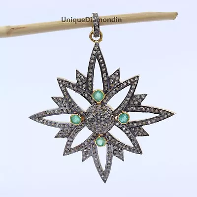 Natural pave Diamond emerald pendant 925Sterling Silver Handmade Pendant jewelry - Image 1 of 4