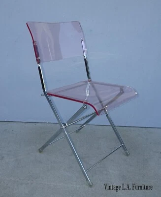 Vintage Chrome Hollywood Regency Pink Lucite Chair ~ Folding Vanity Chair - Image 1 of 4