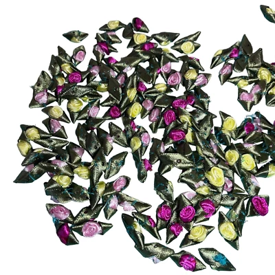 Lot 100+ Yellow Pink White Green Raspberry Satin  Ribbon Roses Crafting Sewing - Image 1 of 4