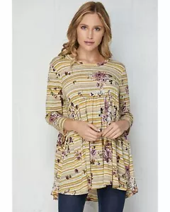 At First Sight Mustard and Mauve 3/4 Sleeve Babydoll Tunic Top - Picture 1 of 5