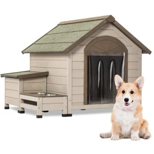 Outdoor Fir Wood Dog House with Storage Box 2 Bowls for Small To Medium Dogs US - Picture 1 of 7