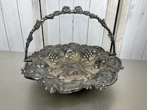 Silver Plate Antique Fruit Basket With Handle Deep Grape Floral Design - Picture 1 of 7