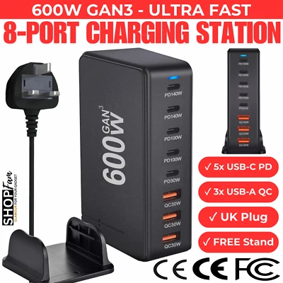 600W USB Charging Station for Multiple Devices – GaN3 PD 140W Hub iPhone Samsung - Image 1 of 4