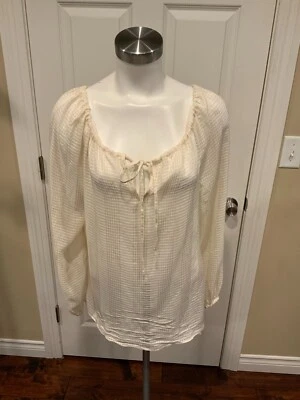 Tory Burch Ivory Checked Sheer Tie Neck Blouse, Size Large - Image 1 of 4