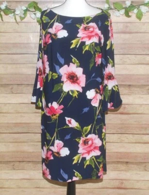 Tommy Hilfiger Navy Blue Floral Shift Dress Size 14 Long Bell Sleeves Stretch - Image 1 of 4