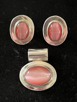Pink & 925 Sterling Silver Cabochon Pendant & Pierced Earrings Set GORGEOUS! EUC - Image 1 of 4