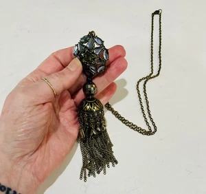 Vintage Antiqued Brass Necklace 32” Link Chain + 6” Crystal Tassel Pendant - Picture 1 of 14