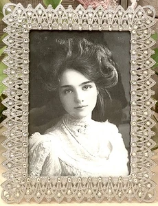 Vintage Art Deco Jeweled Silver Lace Filagree Ornate Jeweled 5x7 Photo Frame - Picture 1 of 16