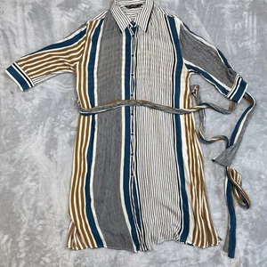 Zara Wickelkleid Damen L mehrfarbig gestreift Satin Langarm seitlich zum Binden - Bild 1 von 9