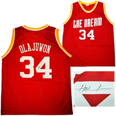 Houston Rockets Hakeem Olajuwon Signed Red Jersey The Dream JSA - Image 1 of 4