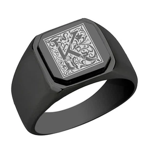 Floral Monogram Letter K Stainless Steel Signet Ring, Stainless Steel Initial... - Picture 1 of 4