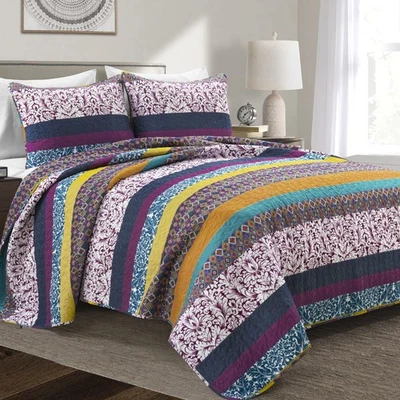 Boho Stripe Reversible Cotton Quilt 3-Piece Set, King, Plum & Yellow - Bold C... - Image 1 of 4