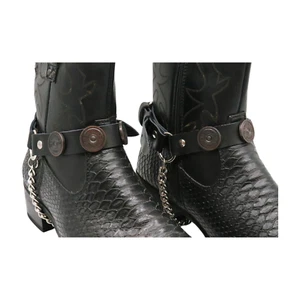Men Biker Silver Metal Chain Pair Black Boot Straps Shotgun Bullet Shell Charm - Picture 1 of 24