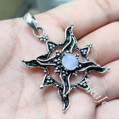 Pietra di luna rotonda pietra preziosa argento sterling 925 ciondolo stella... - Immagine 1 di 4