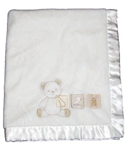 Carters White Baby Blanket Teddy Bear Bunny Duck Blocks Satin Back Trim Lovey - Picture 1 of 3