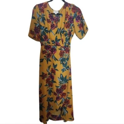 Everly Wrap Dress Mustard Yellow Floral Boho Women's Spring Wedding Size Medium - Image 1 of 4