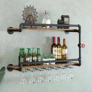 Wine Rack Wall Mounted 2 Tier Hanging Floating Bar Liquor Shelves With Glass Hol - Picture 1 of 9