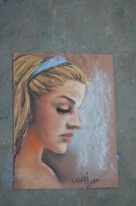 Pastel Portrait Woman Blonde Original Art Pastel on brown paper signed 9x12" - Picture 1 of 4