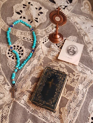 Rare ! ensemble chapelet miniature livre de messe ostensoir poupée ancienne - Photo 1/4