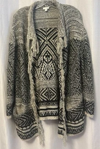 J Jill maglione donna cardigan appuntato nero beige boho frange tasche taglia small - Foto 1 di 4