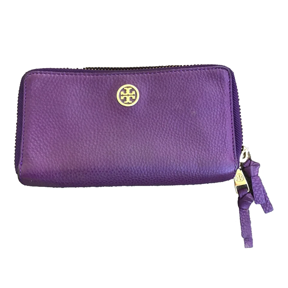 Cartera Larga Tory Burch Robinson Doble Cremallera Púrpura 8" x 4" Cuero Foto 1 de 4